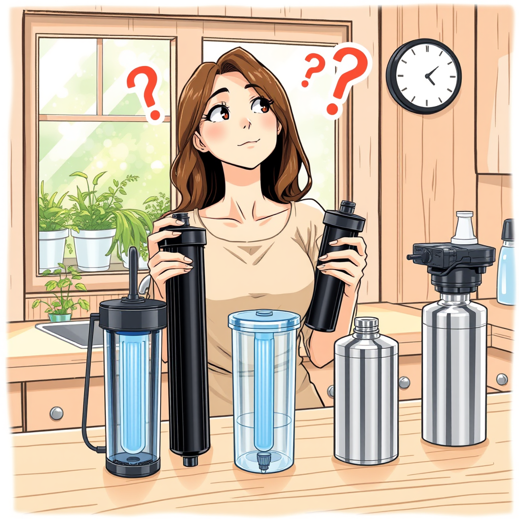 Main art studio: Friendly realistic Western comic illustration, NOT anime, NOT manga, NOT Japanese comic. Natural wood kitchen. A woman holds two black gravity water f