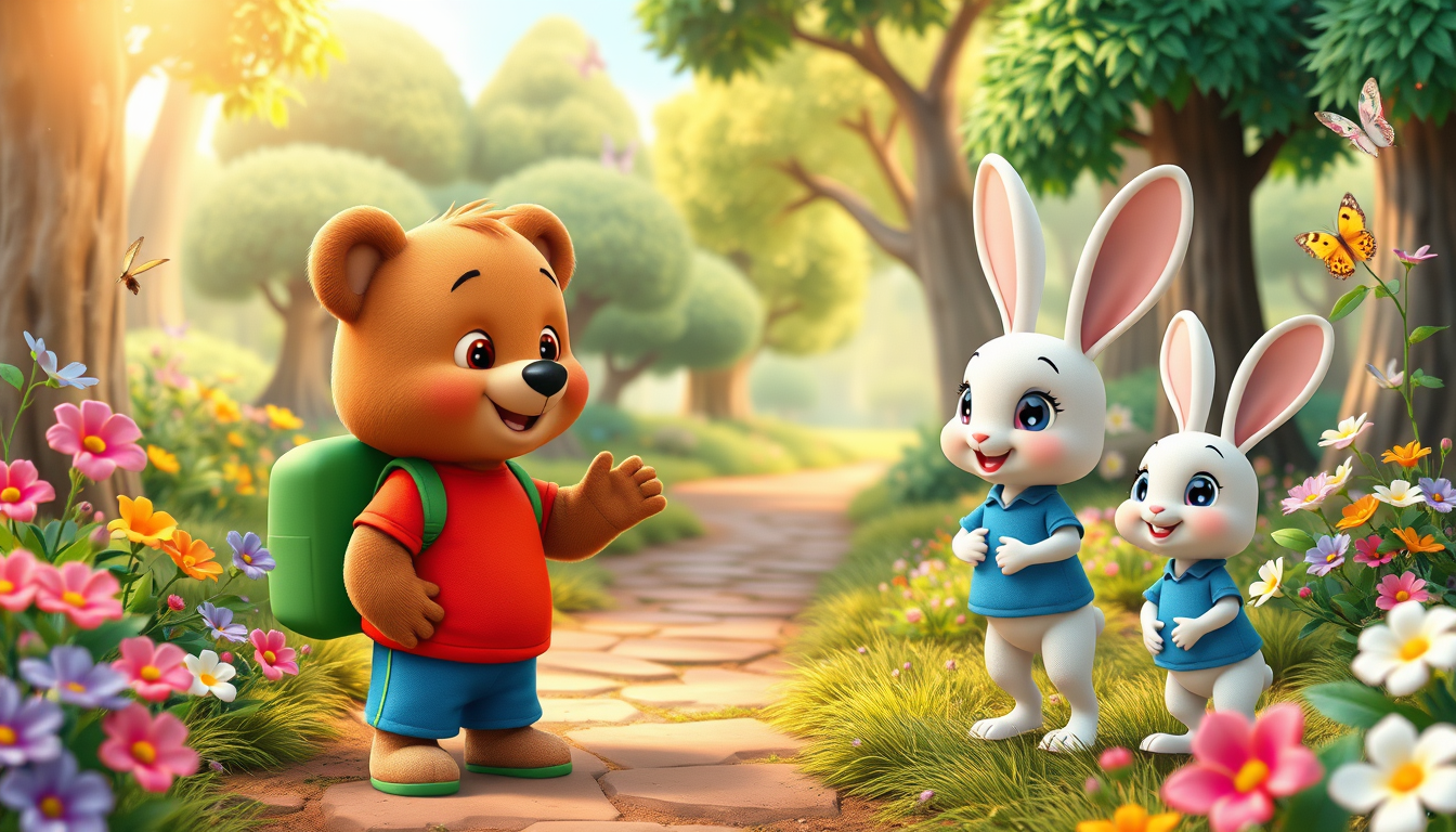 Main art studio: 3D animated children's cartoon. Bruno, a cute little brown bear wearing a red T-shirt, blue shorts, and green backpack, meets Benny, a small white rab