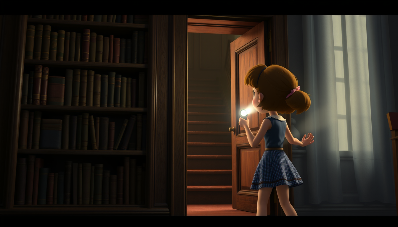 Main art studio: The Secret Door OpensPrompt:Emma pulling a small hidden metal handle behind an antique bookshelf, the entire bookshelf secretly moving aside with a dr