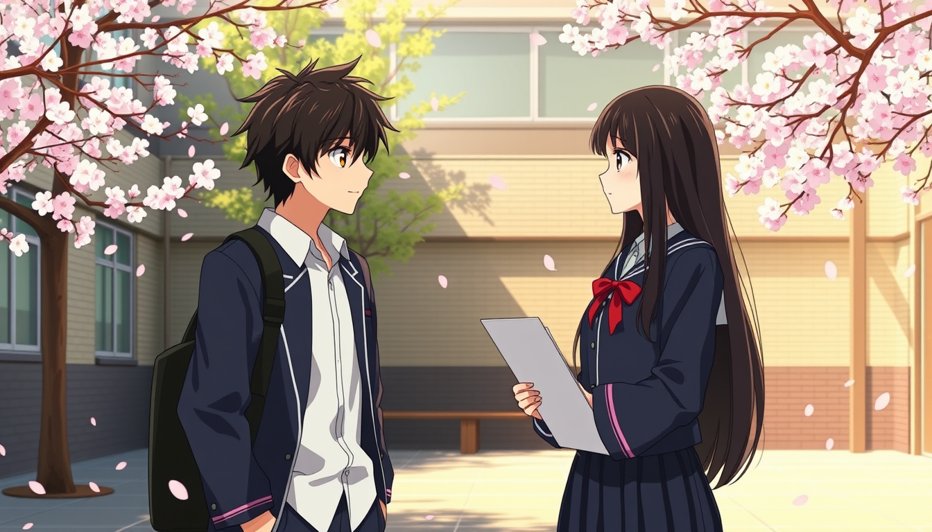 Main art studio: Create Scene 13 of the original cinematic Japanese anime romance movie October Theory. On graduation day, in a quiet corner of a Japanese high school 