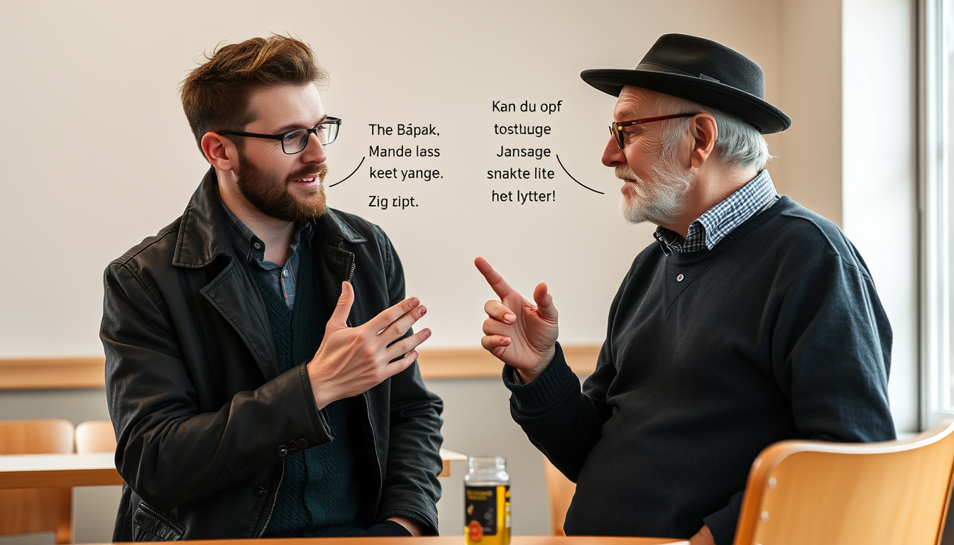 Main art studio: Rute 1: En mann på ca. 30 år med bart, briller og litt hipsteraktig stil står og snakker med en eldre mann på ca. 60 år. Den eldre mannen snakker veld