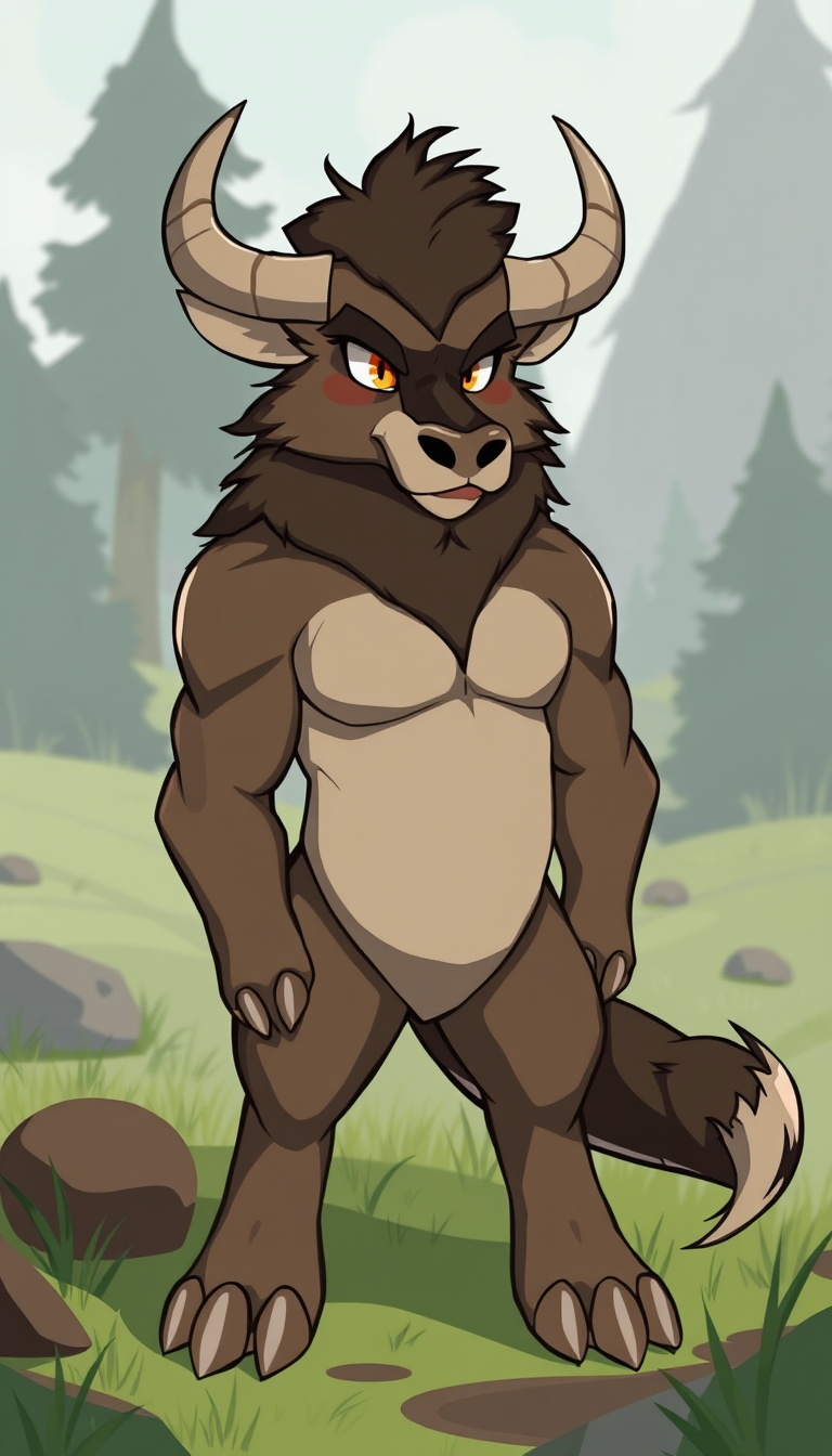 Fursona idea: fursona character, anthropomorphic animal design, expressive personality, reference sheet style, Fursona Furry tipo toro de pelaje marrón claro, con m