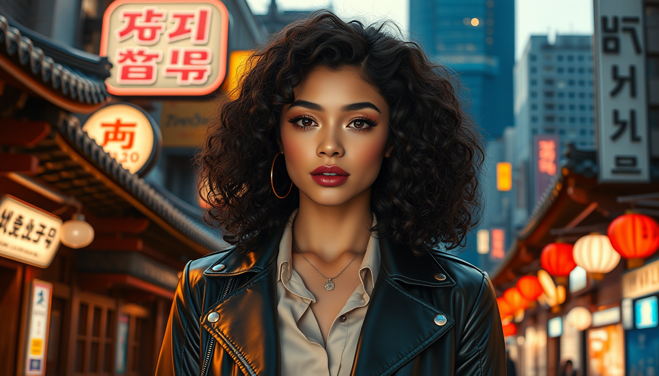 Main art studio: Create a highly realistic REAL-LIFE photograph of Zendaya in Seoul. She must look like a real person, NOT anime, cartoon, illustration or CGI. Keep he