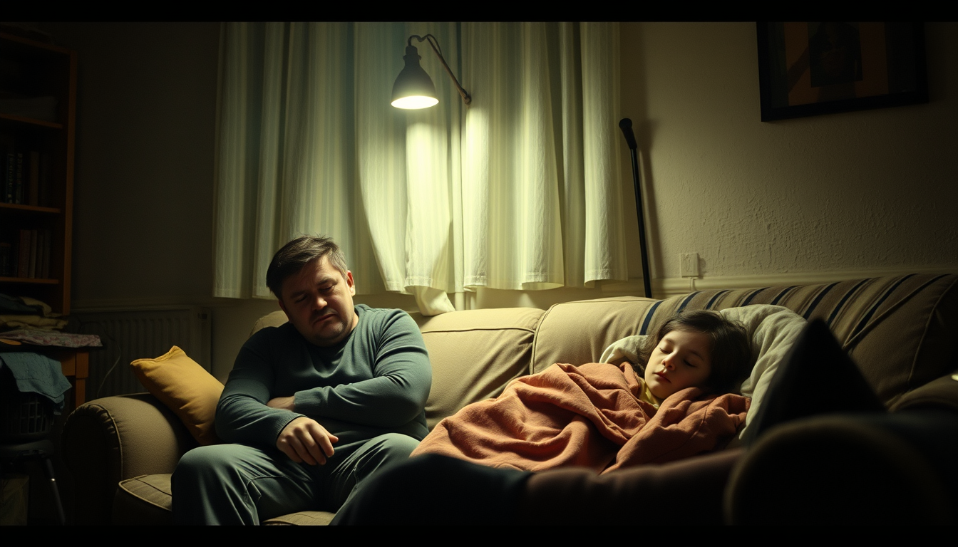 Main art studio: A highly realistic cinematic scene of a struggling single father in his early 30s sitting alone in a small, modest apartment at night, looking emotion