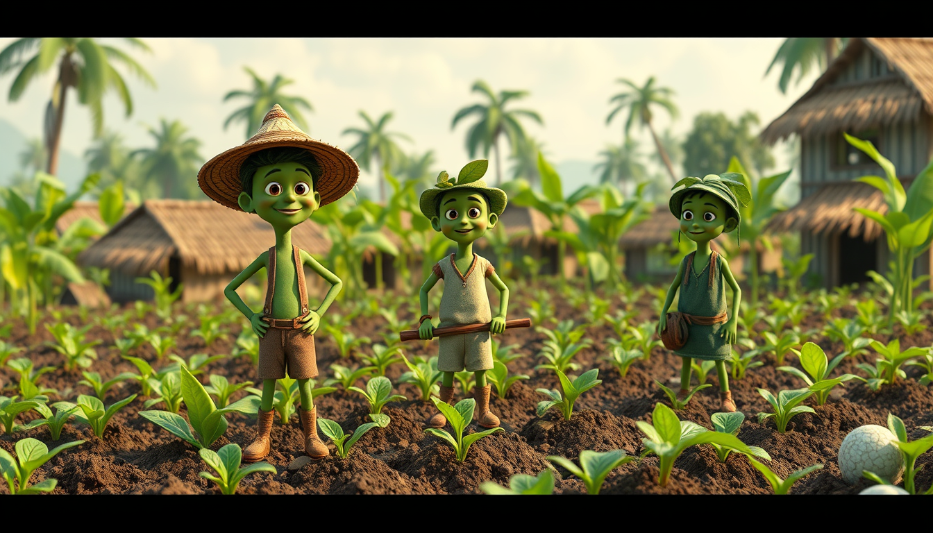 Main art studio: A beautiful green Indian village farm in a funny Reverse World. Farmer-plants are wearing simple rural clothes and farming like humans, while human-sh