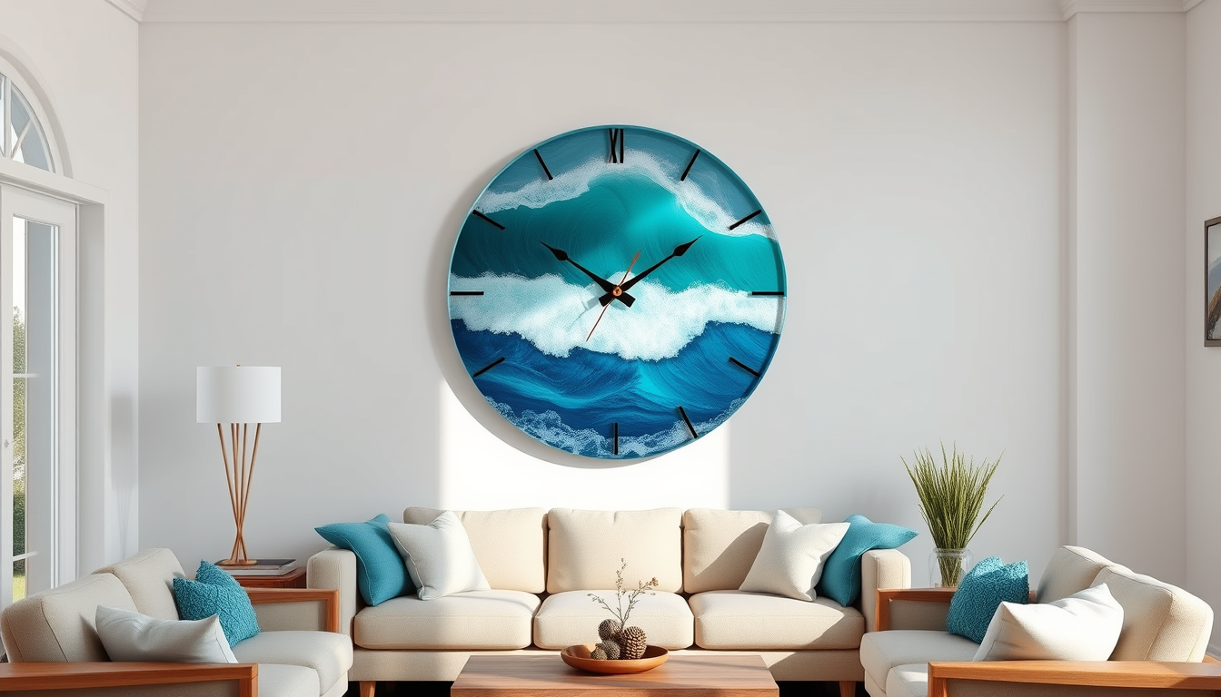 Main art studio: Photorealistic bright coastal living room with a beautiful handmade round epoxy resin wall clock featuring realistic ocean waves. Deep turquoise and o