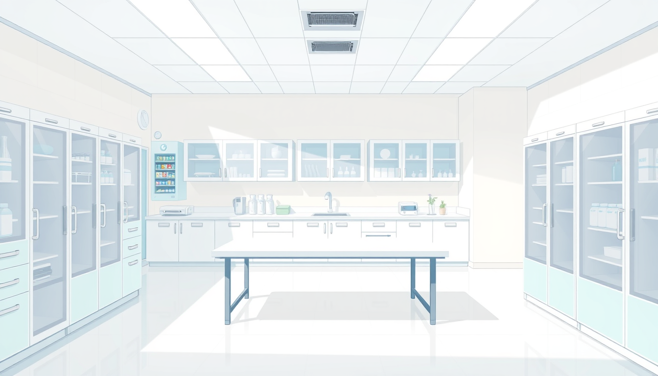 Main art studio: Create a clean, bright, and hygienic laboratory illustrated in a soft, gentle anime style. Place a central workbench in the middle of the room, with s