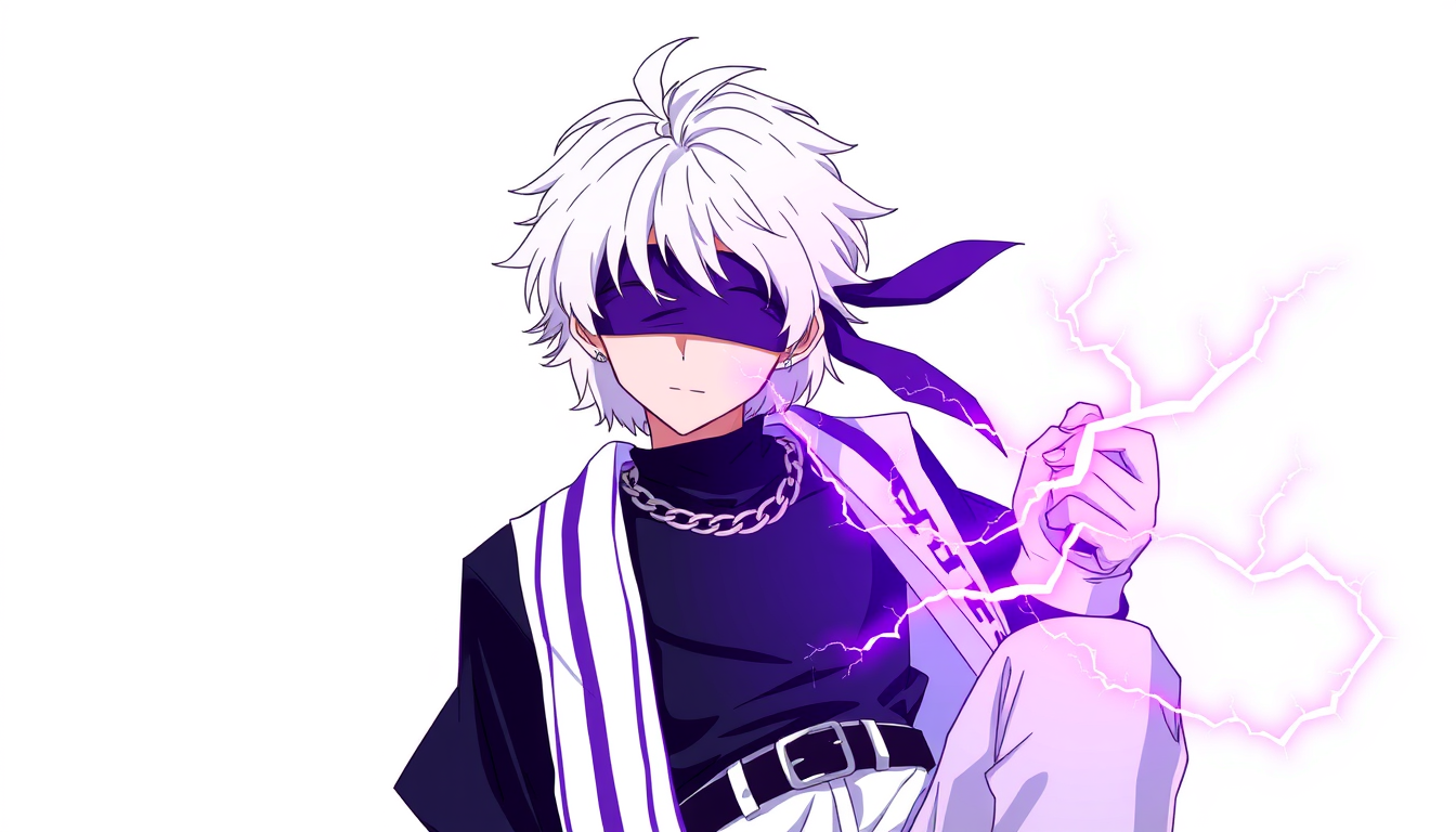 Main art studio: white hair + pale skin + black shirt + white chain + purple Eye of Ender + purple blindfold/headband + white pants + dark belt + purple electricity A