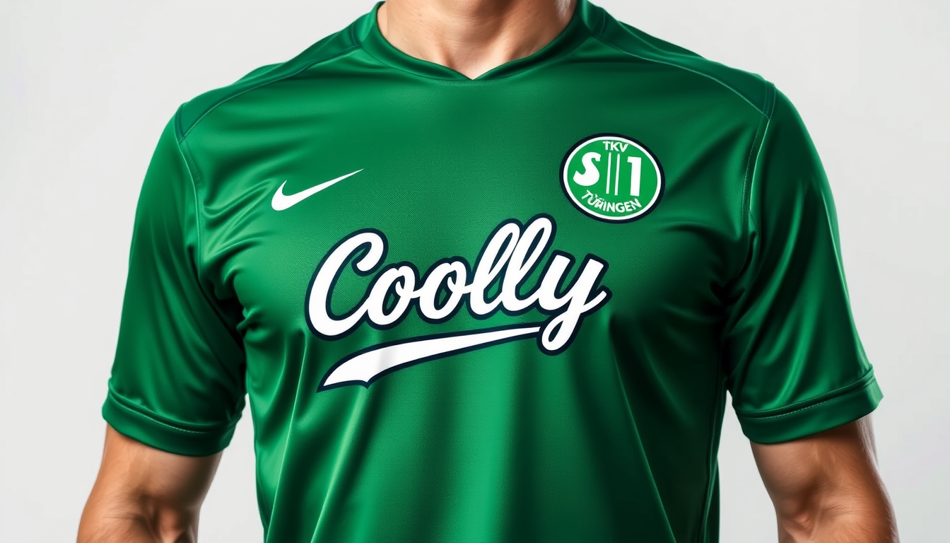 Main art studio: Erstelle ein Trikot von einem Tischkickerverein in grünen Farbtönen links auf der Brust ein Logo mit TKV Tübingen rechts ein Nikezeichen und zentral e
