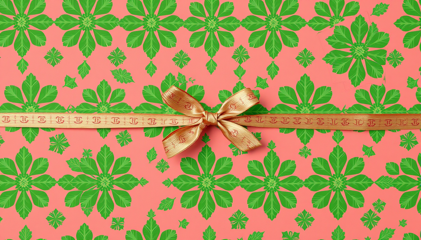 Wrapping Paper idea created from the prompt: wrapping paper design, festive repeating motif, cheerful palette, hellrosa hintergrund - darüber ein großes karomuster aus tannengrüner farb