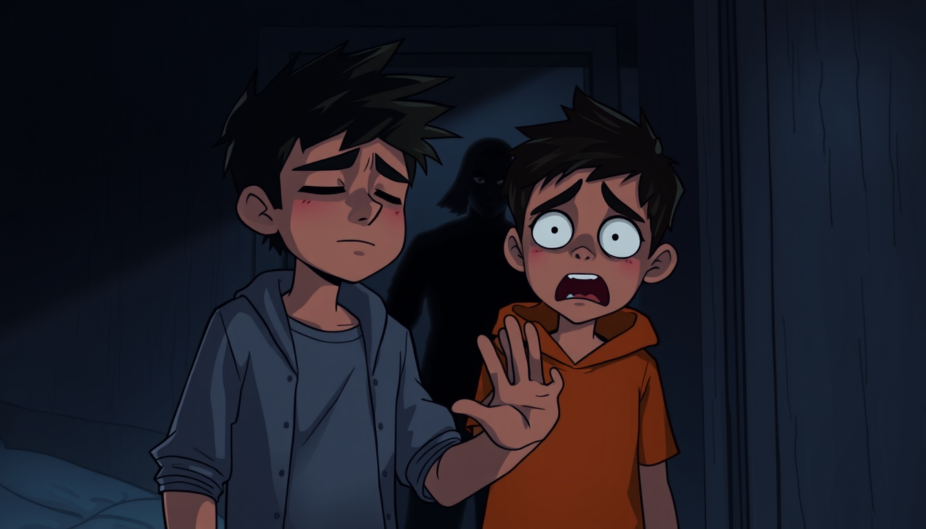 Main art studio: Same Samir and younger brother, 2D dark horror cartoon, cinematic horror, vertical 9:16. Samir stands frozen with his eyes tightly closed after hearin