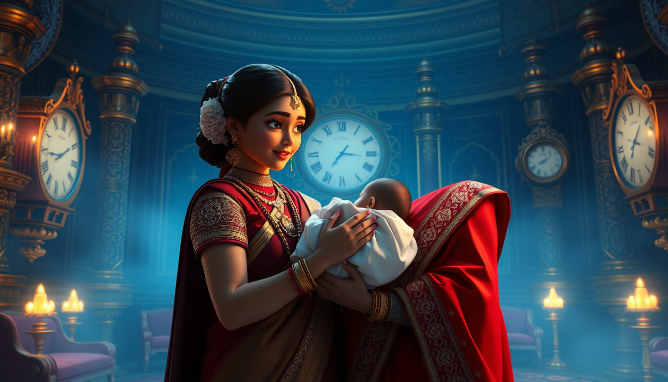 AI Art prompt example created from the prompt: Eighteen years earlier, Queen Devika holding newborn baby Aarna in her arms inside a beautiful royal palace room, King Veerendra standing lo