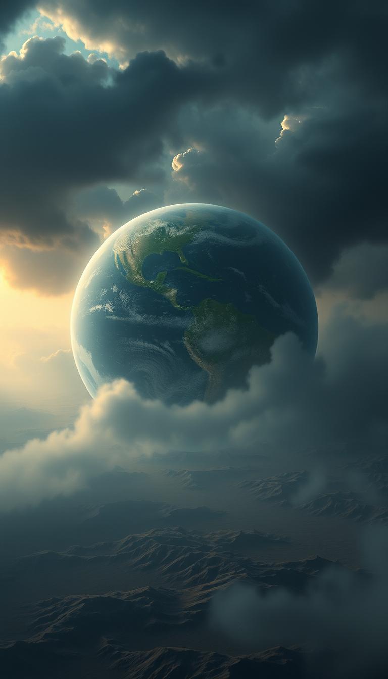 Main art studio: Earth covered in massive storms, dry continents and dark skies after oceans vanish, cinematic disaster scene, photorealistic, 9:16