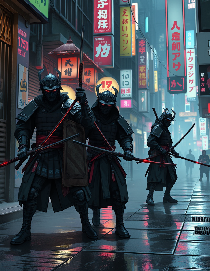 Main art studio: crie um storyboard de 8 quadros de uma batalha cyberpunk samurai in neon-soaked Tokyo alley, 4k, cinematic. mescle entre plano detalhe, plano médio, p