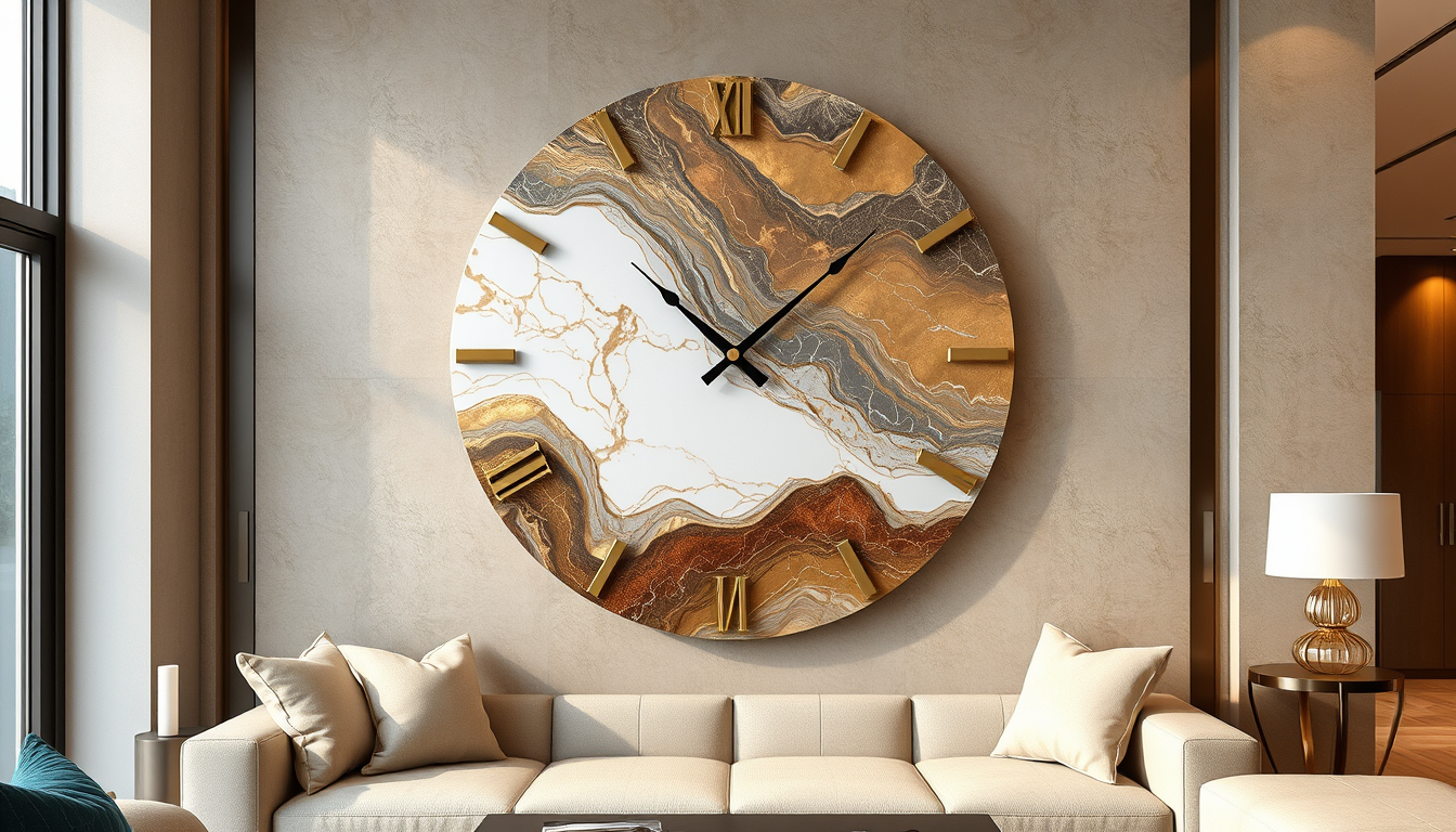 Main art studio: Luxury marble-pattern resin wall clock, colors of antique gold, metallic copper, metallic gray and white, elegant marble veins, glossy resin finish, m