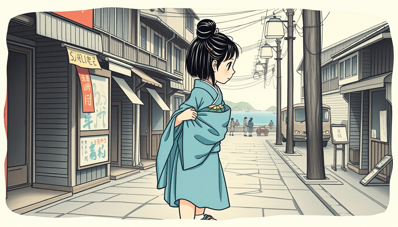 Main art studio: A little Japanese girl is walking along a street past old shops, the beach can be seen as well as the docks below with boats in the water. This is in