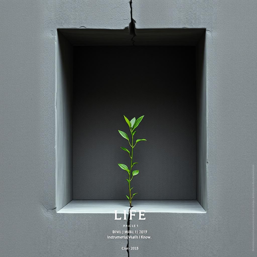 Main art studio: Create a square 1:1 album back cover for "LIFE" matching a minimal gray concrete style. Quiet cinematic realism. A subtle continuation of the tiny gre