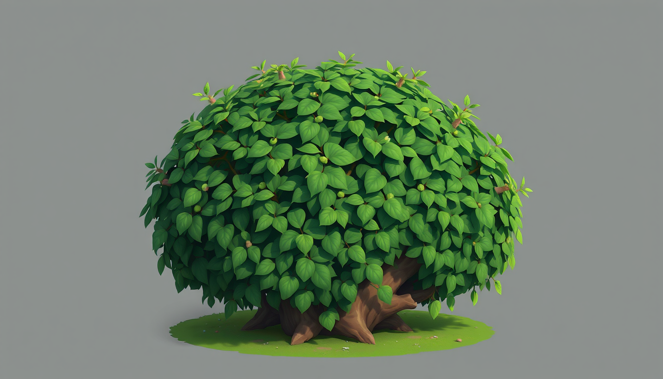 Game Asset idea created from the prompt: 2D game asset, clean isolated object, consistent art style, Arbusto frondoso, estilo anime 2D, hojas verdes abundantes, forma redondeada, ra