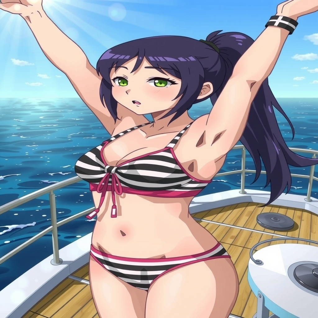 Main art studio: Kanan; in 10 seconds 2D anime video: She maintaining her specific posture with no movements, she turn her body to front sea in last 2 seconds, (arms r