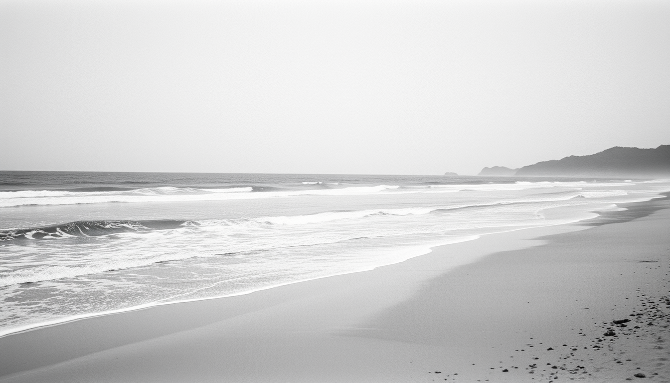 Main art studio: Black and white vintage photo of Muchangpo Beach, Boryeong Korea. A quiet coastal scene with gentle waves, wide tidal flats, sandy shore and nostalgic
