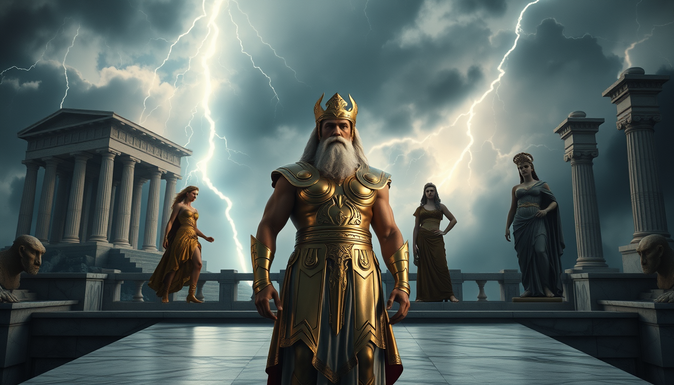 Main art studio: A photorealistic cinematic scene from an epic Greek mythology movie. On Mount Olympus, Zeus stands on a massive marble terrace during a violent thunde