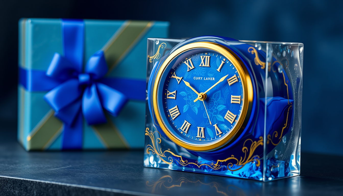 Main art studio: Resin clock with a beautiful gift box, blue and gold colors, elegant style