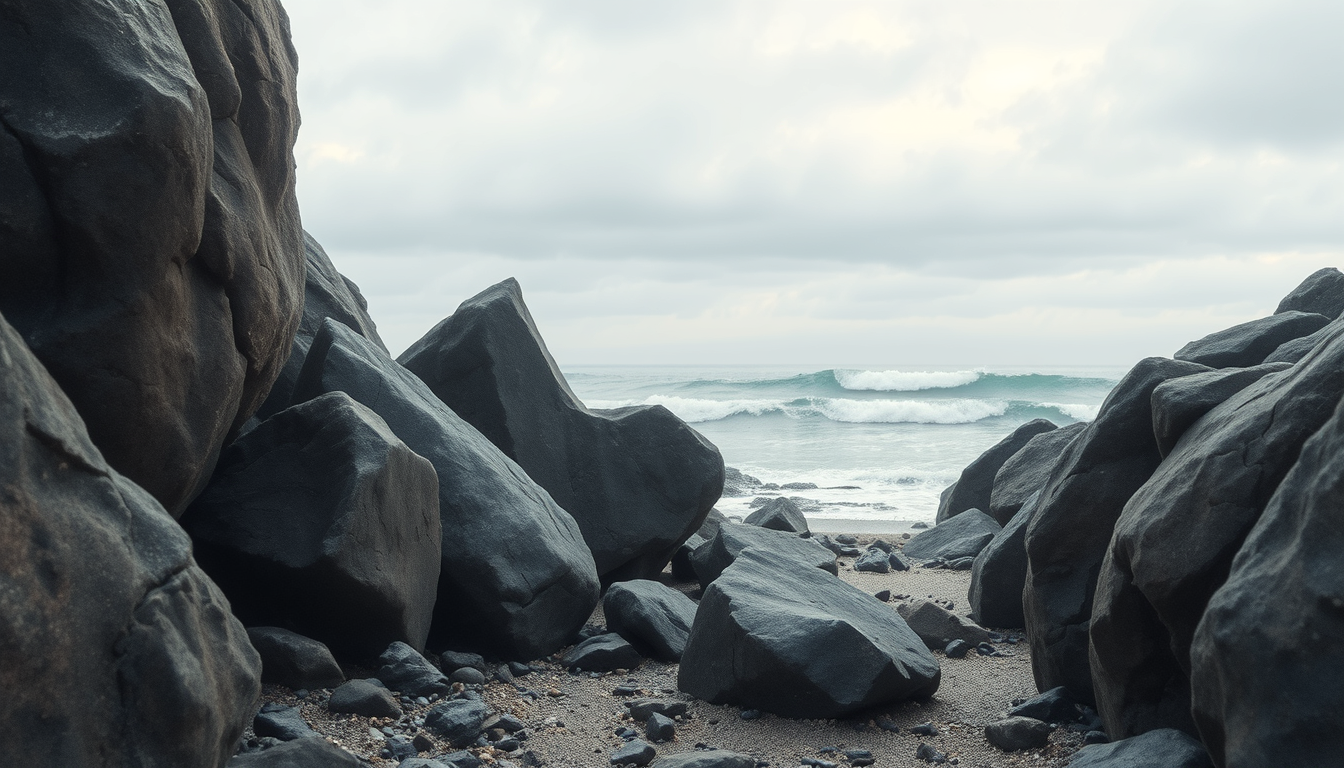 Main art studio: A quiet hidden seashore on a cloudy day. Large dark black rocks with sharp jagged edges and gray spots are tucked away between giant boulders. The roc