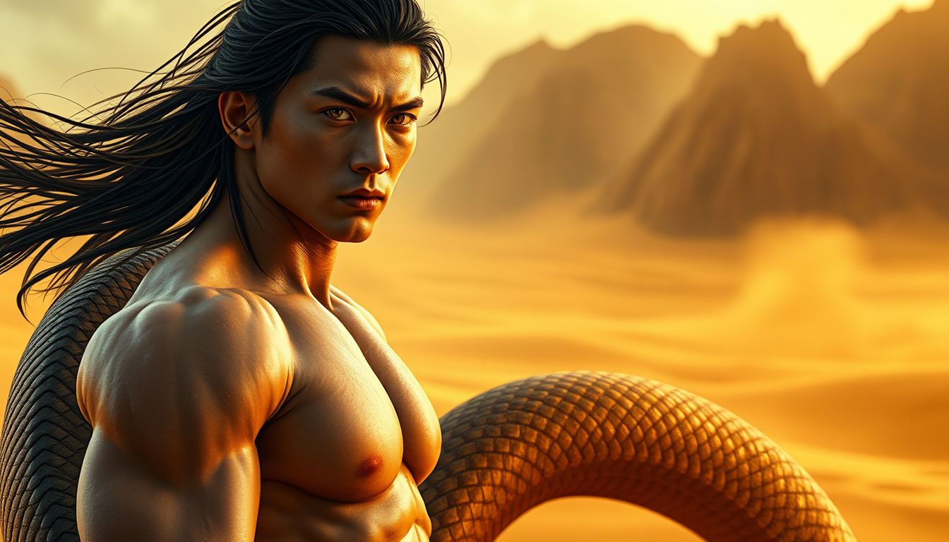 Main art studio: Cinematic dark fantasy, photorealistic. Handsome, very muscular young Korean Serpent King with a completely human Korean face, almond eyes, straight n
