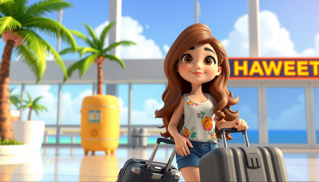 Main art studio: Scene 1: Chloe arriving at a Hawaiian airport with her luggage. One cute 3D cartoon character, long brunette curly-wavy hair, stylish outfit, tropical