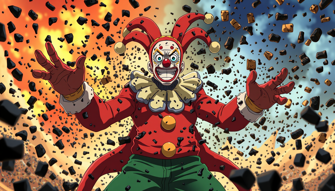 Anime idea created from the prompt: anime style, vibrant colors, expressive eyes, Buggy the Clown from One Piece, canon appearance, stands in an epic battlefield. He activates