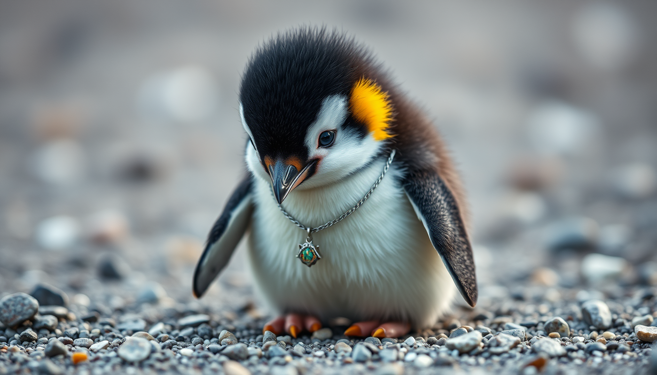 Main art studio: een klein baby schattig pinguin heel donzig met lieve aandoenlijke ogen , gekleurde regenboog vleugels en een ketting met een gouden potje