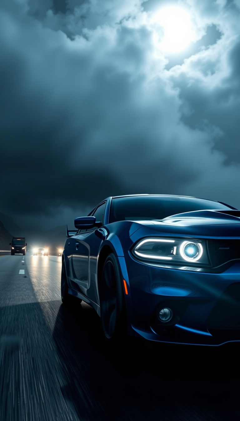 Main art studio: Vertical 9:16 mobile wallpaper, dark blue Dodge Charger cruising alone on a mountain highway at midnight, headlights illuminating thick fog, moonlight