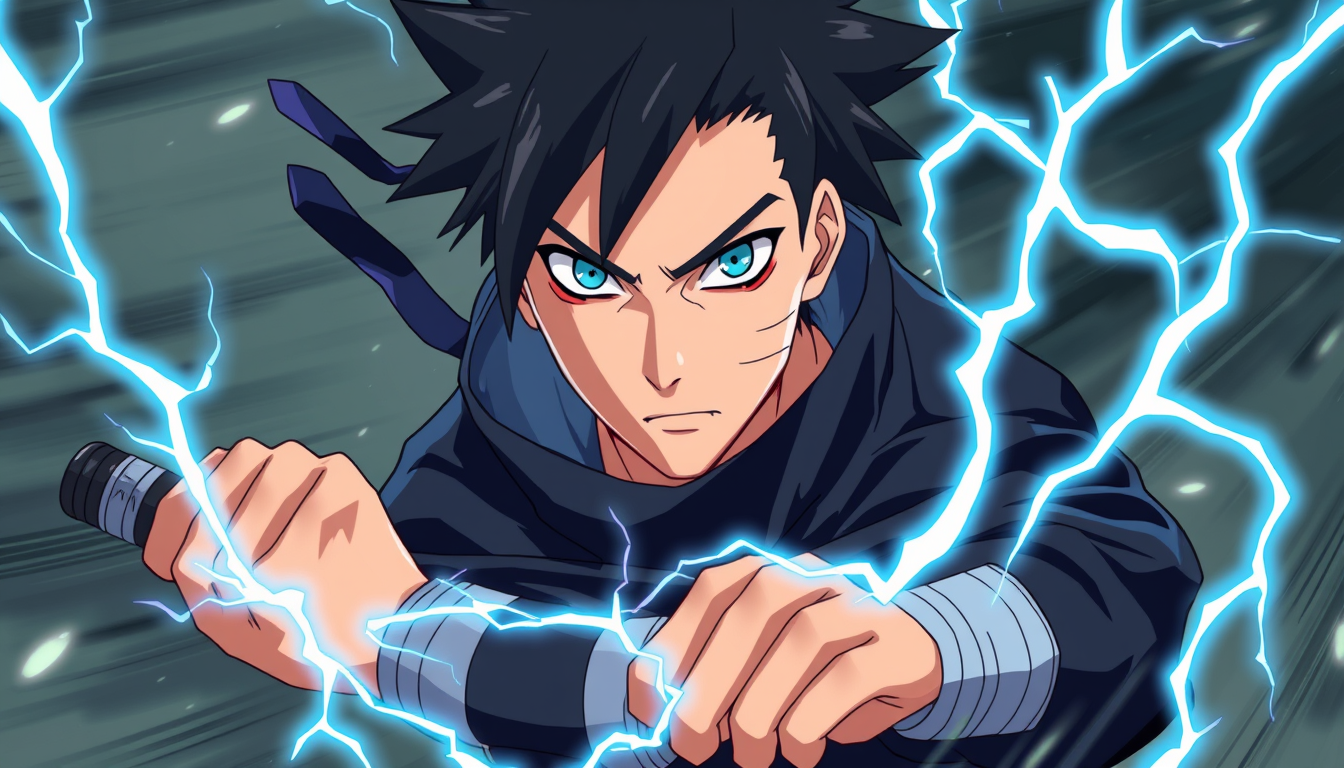 Anime idea created from the prompt: anime style, vibrant colors, expressive eyes, anime ninja, naruto shippuden style, male shinobi, athletic build, black messy hair, turquoise