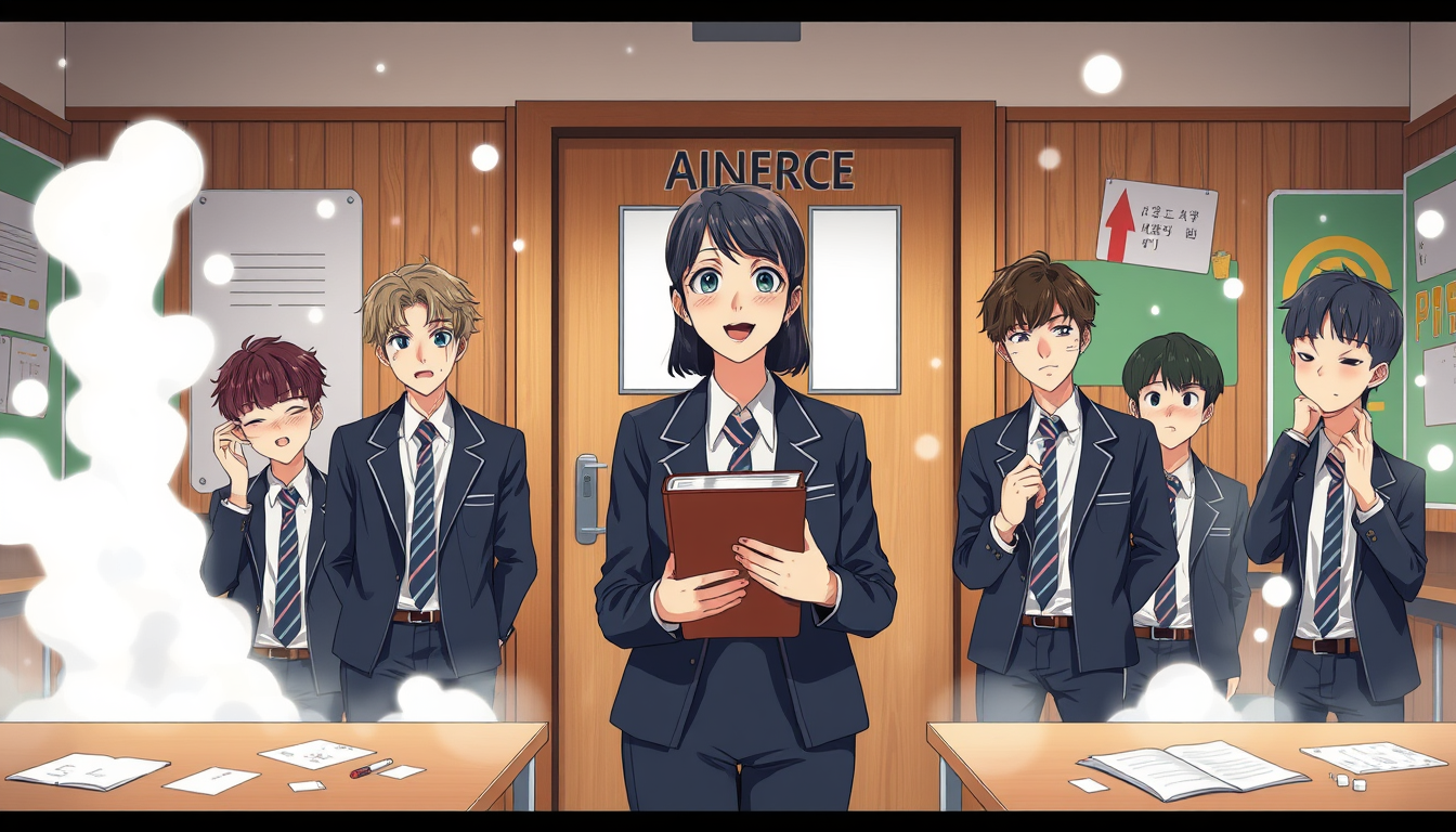 Anime idea created from the prompt: anime style, vibrant colors, expressive eyes, Cinematic 2D anime illustration, 16:9 landscape. Same Korean high school classroom after the h