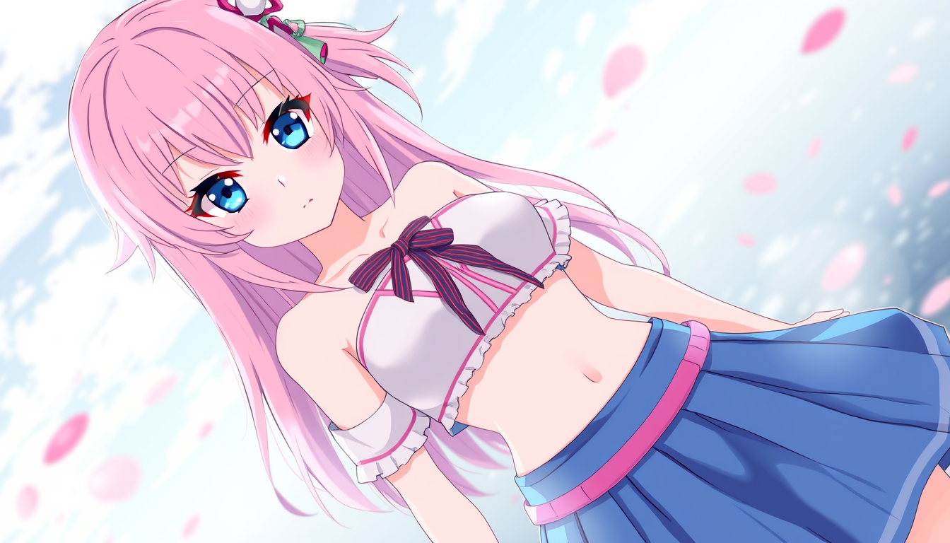 Main art studio: A anime women / femboy, she has pink hair with blue eyes, she's wearing a blue skirt with pink and white crop