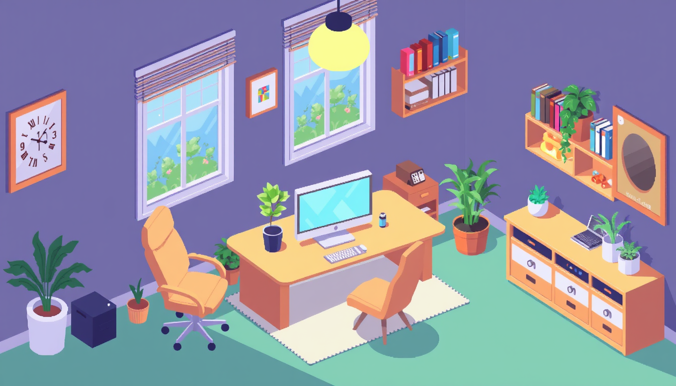 Main art studio: isometric home office workspace, 8-bit pixel art