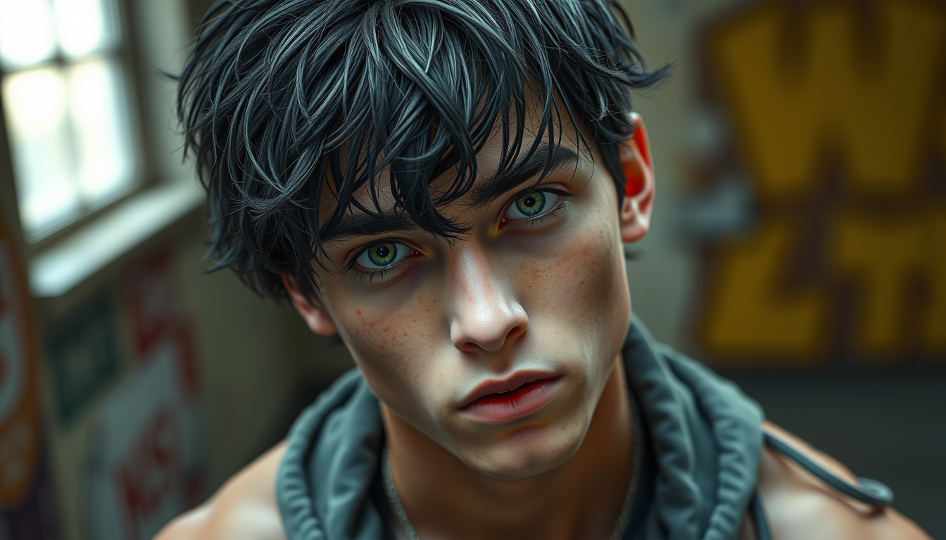 Realistic Images idea: photorealistic generated image, natural materials and skin texture, physically plausible lighting, realistic men, black messy hair, green eyes, gym bo