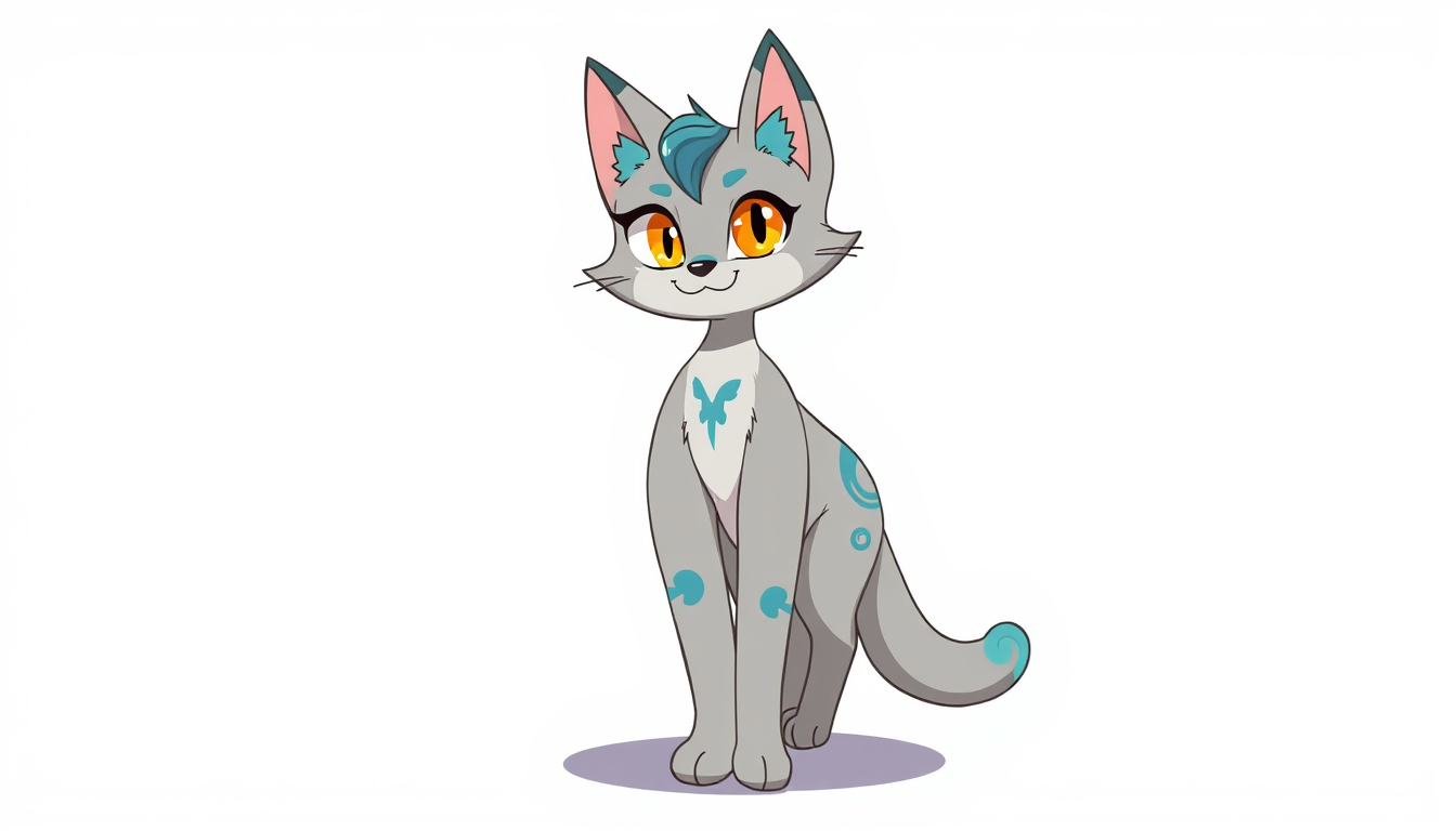 Fursona idea created from the prompt: fursona character, anthropomorphic animal design, expressive personality, reference sheet style, grey cat with blue swirls around the body,b