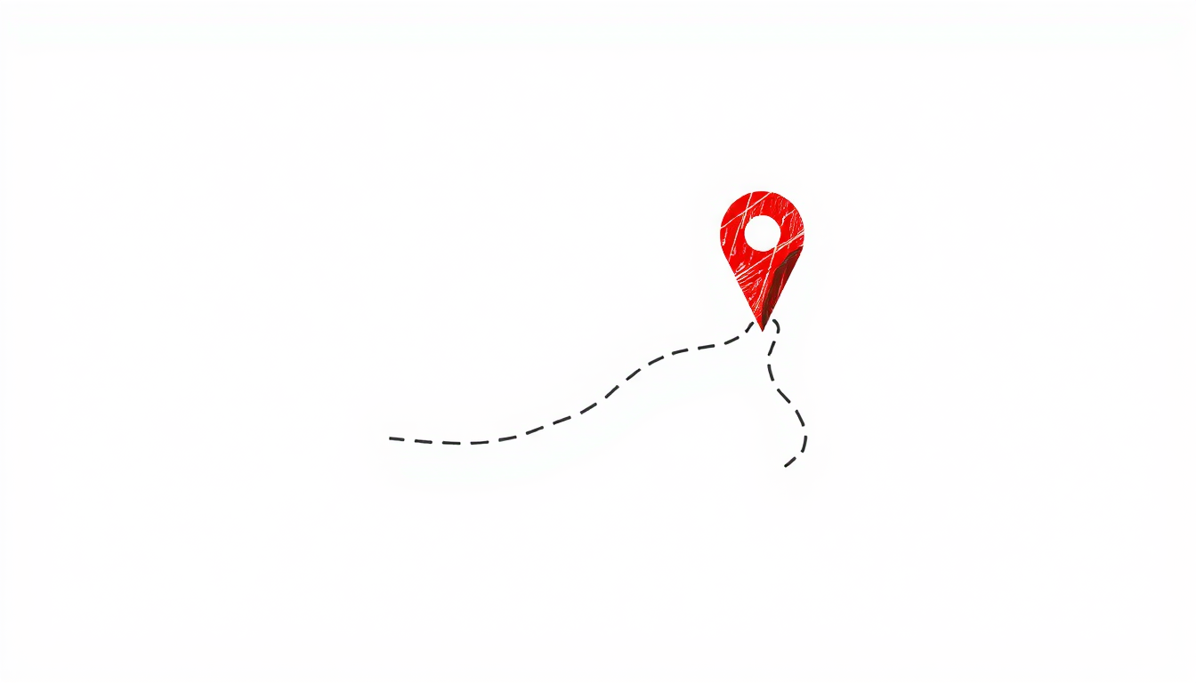 Main art studio: make a map with dotted path and 3 stops, white background, like a pencil sketch 2 minor stps and the final one with red pin