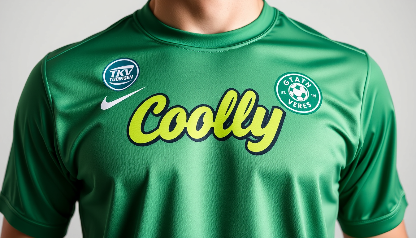 Main art studio: Erstelle ein Trikot von einem Tischkickerverein in grünen Farbtönen links auf der Brust ein Logo mit TKV Tübingen rechts ein Nikezeichen und zentral e