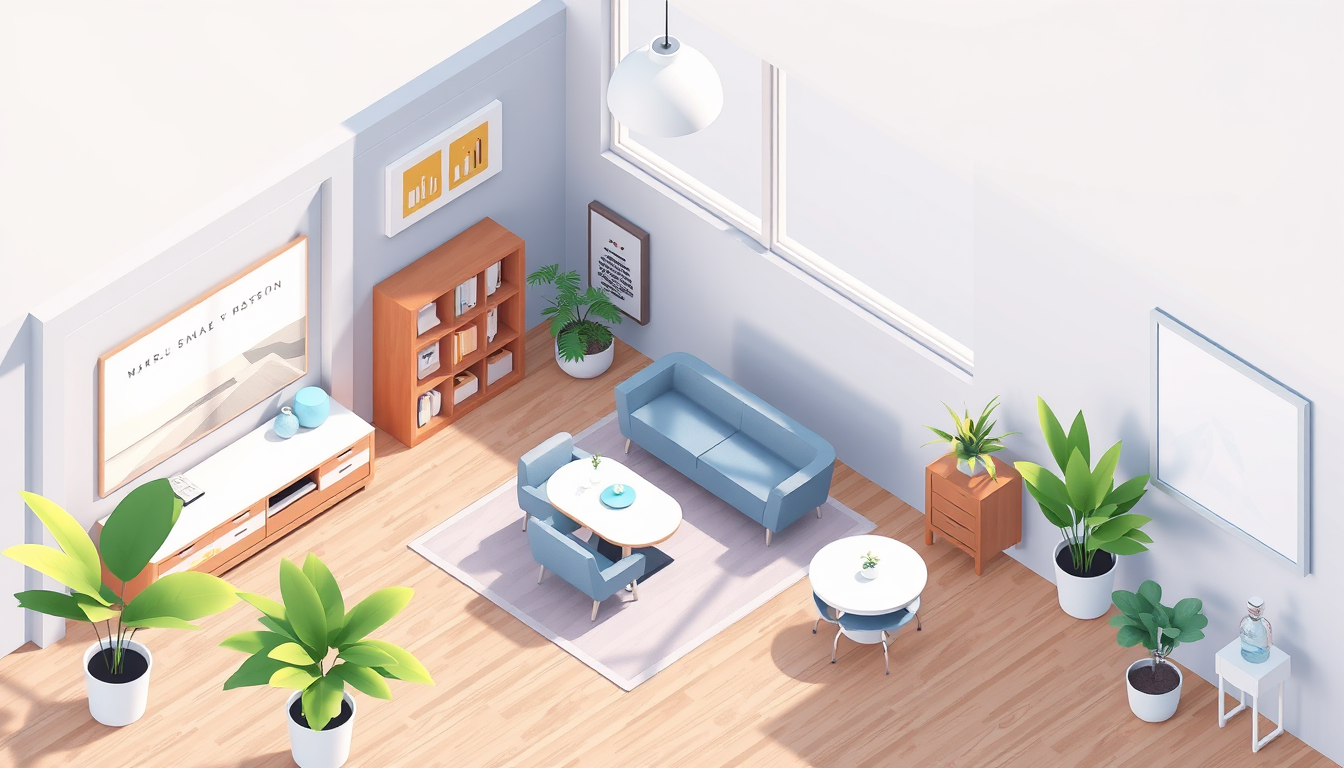 Isometric Illustrations idea: isometric illustration, clean vector-style shapes, soft shadows, 2.5D perspective, 【構図】 ・斜め上から見たアイソメトリック構図・横向きに置かれた大きなスマートフォンの画面上に、3人の男性が立っている ・画面左側にフ