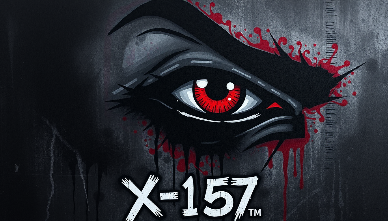 Main art studio: An angry right eye with the phrase X-157 underneath. Dark and foreboding maybe even ethereal. In a graffiti style.