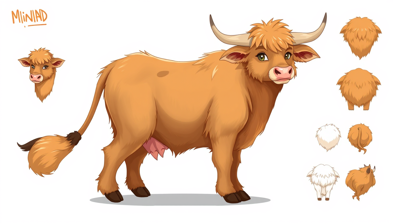 Fursona idea created from the prompt: fursona character, anthropomorphic animal design, expressive personality, reference sheet style, Mini Highland cow, anthropomorph, light bro