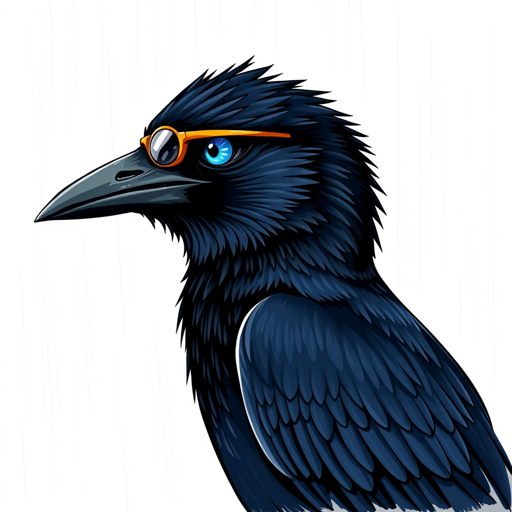 Main art studio: Image de profil. Style dessin. Corbeau au plumage noir irisé bleu-violet, perché avec un carnet de notes sous l'aile. Œil unique visible sous un bande