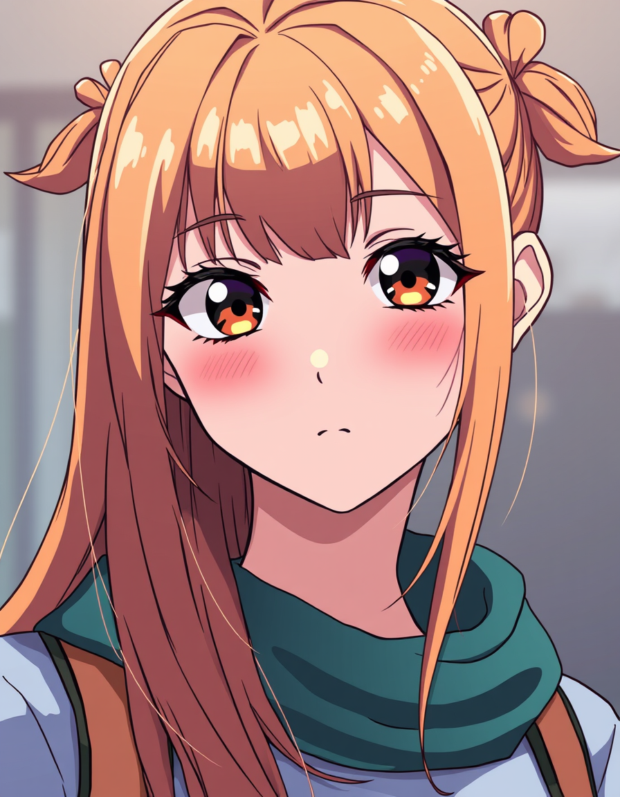 Photo To Anime idea: anime style portrait from the photo, cel shading, vibrant anime colors, expressive eyes, female college student from head to toe. , clean anime linear