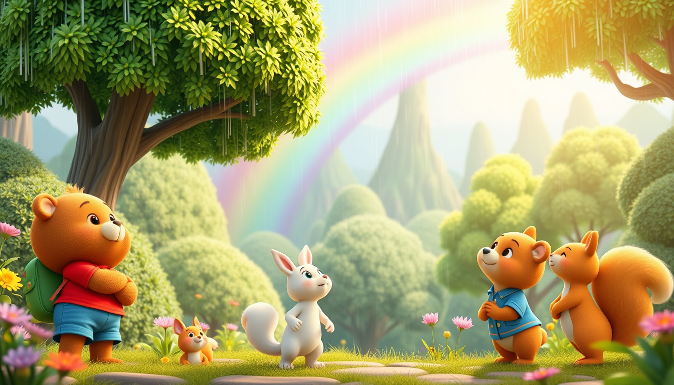 Main art studio: 3D animated children's cartoon. Bruno, a cute brown 1 bear wearing a red T-shirt, blue shorts, and green backpack, Benny, a small white rabbit in a bl