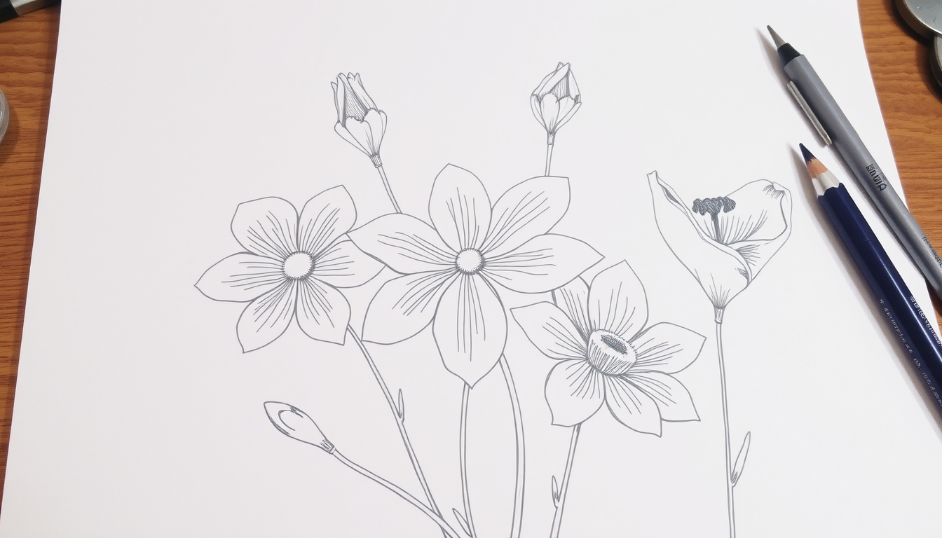 Main art studio: sketch me up some line art of some flowers