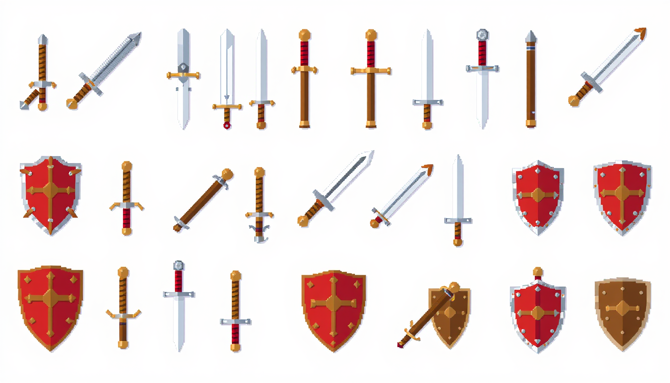 Sprites idea: pixel art game sprite, clean pixel grid, retro 16-bit palette, 20 no background 8x8 pixel medieval swords and shields , miniature and less detailed , 
