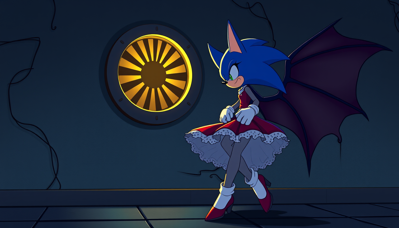 Main art studio: Ruge the bat from sonic steps next to a wall vent that made her skirt flutter beautifuly then she holds the middoe age of her skirt with both hands an
