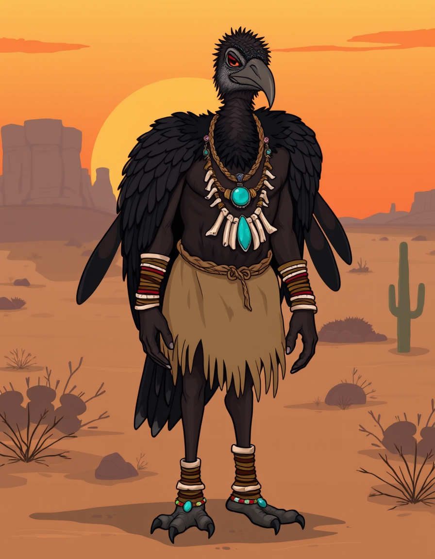 Main art studio: Furry OC, Anthropomorphic turkey vulture character, male femboy, slender humanoid build, thin dark brown-black plumage, wearing a simple tan hide bree
